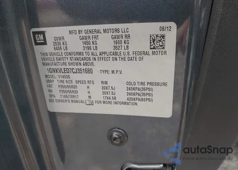 2012 Chevrolet Traverse Ltz from USA, damaged, VIN 1GNKVLED7CJ351680